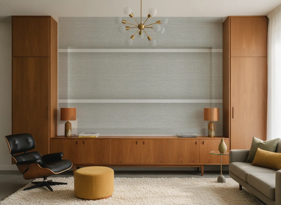 Carioca Rio Madeira — Salon mid-century — ściana między tekowymi szafami
