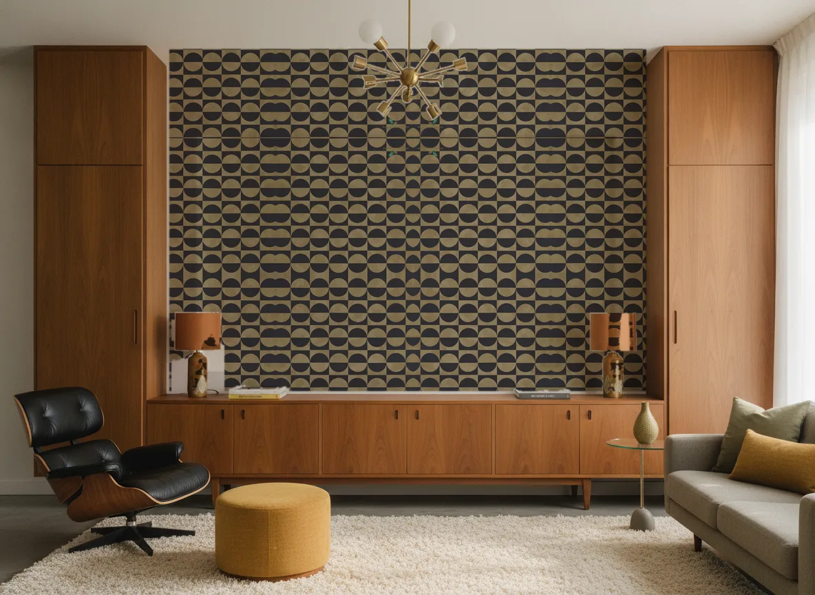 Circles Delta — Salon mid-century — ściana między tekowymi szafami