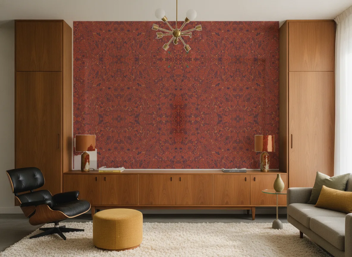 Dahlia Ete Indien — Salon mid-century — ściana między tekowymi szafami