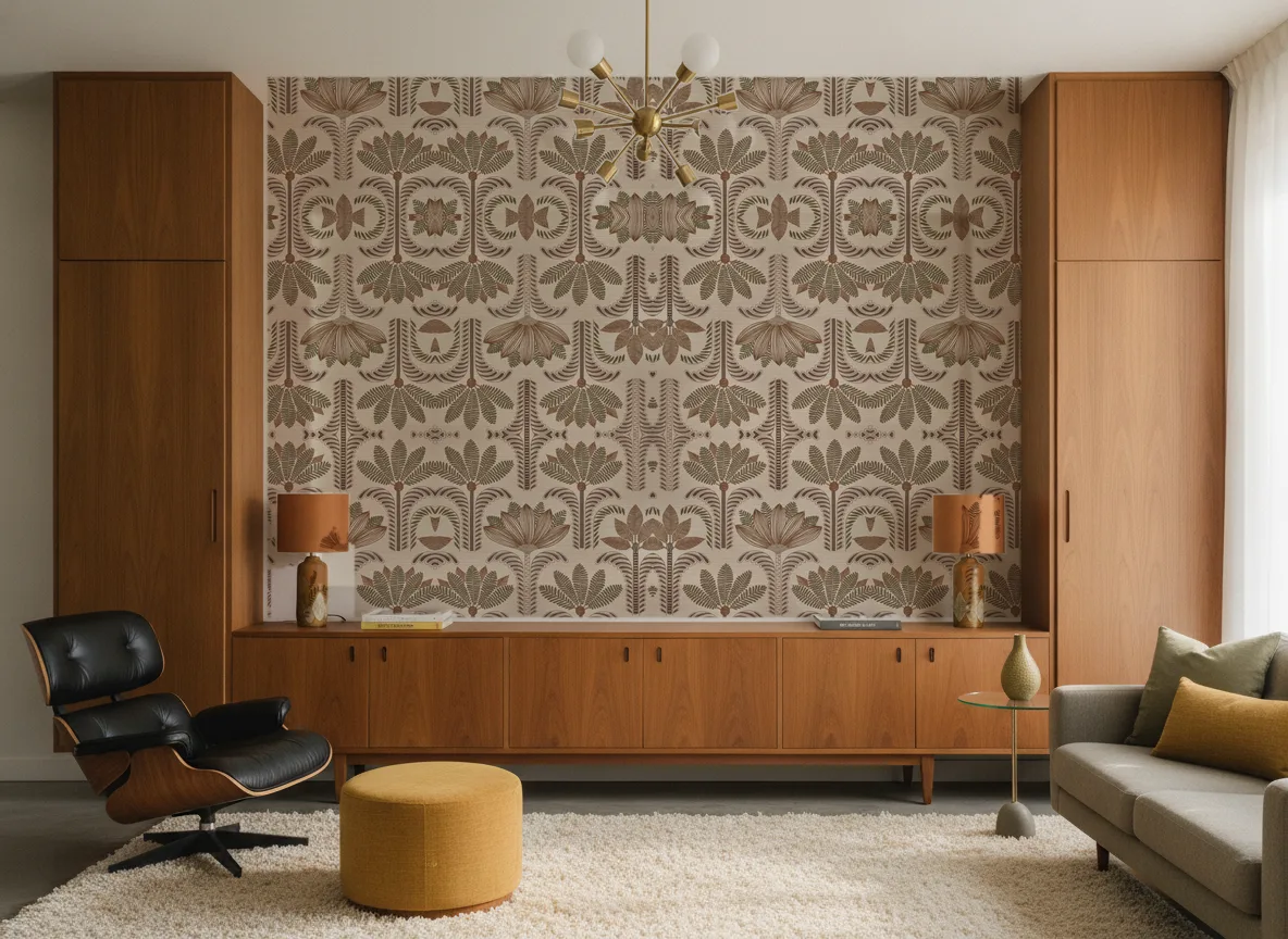 Dattara — Salon mid-century — ściana między tekowymi szafami