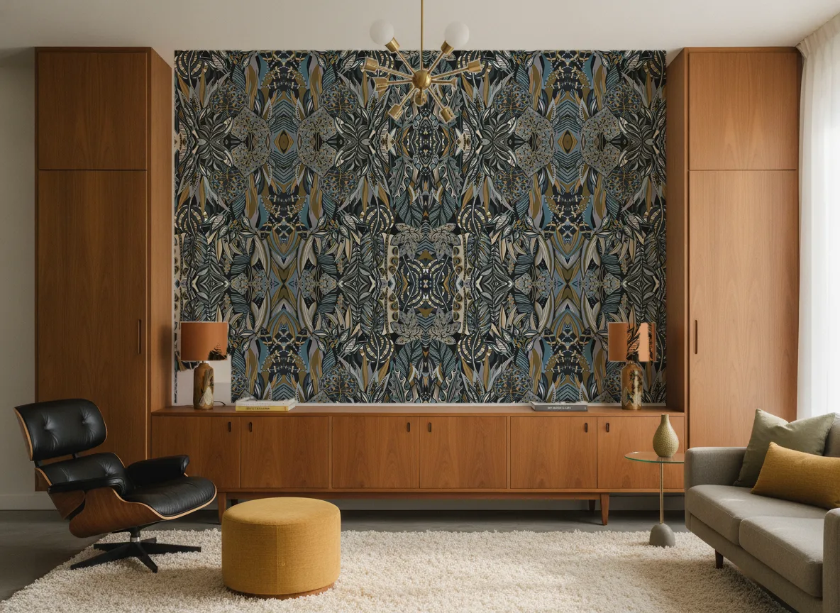 Desirade — Salon mid-century — ściana między tekowymi szafami