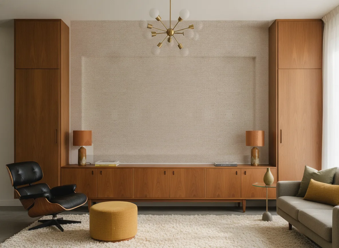 Elbert — Salon mid-century — ściana między tekowymi szafami
