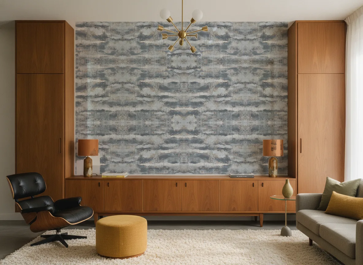 Ephemere Linessence — Salon mid-century — ściana między tekowymi szafami