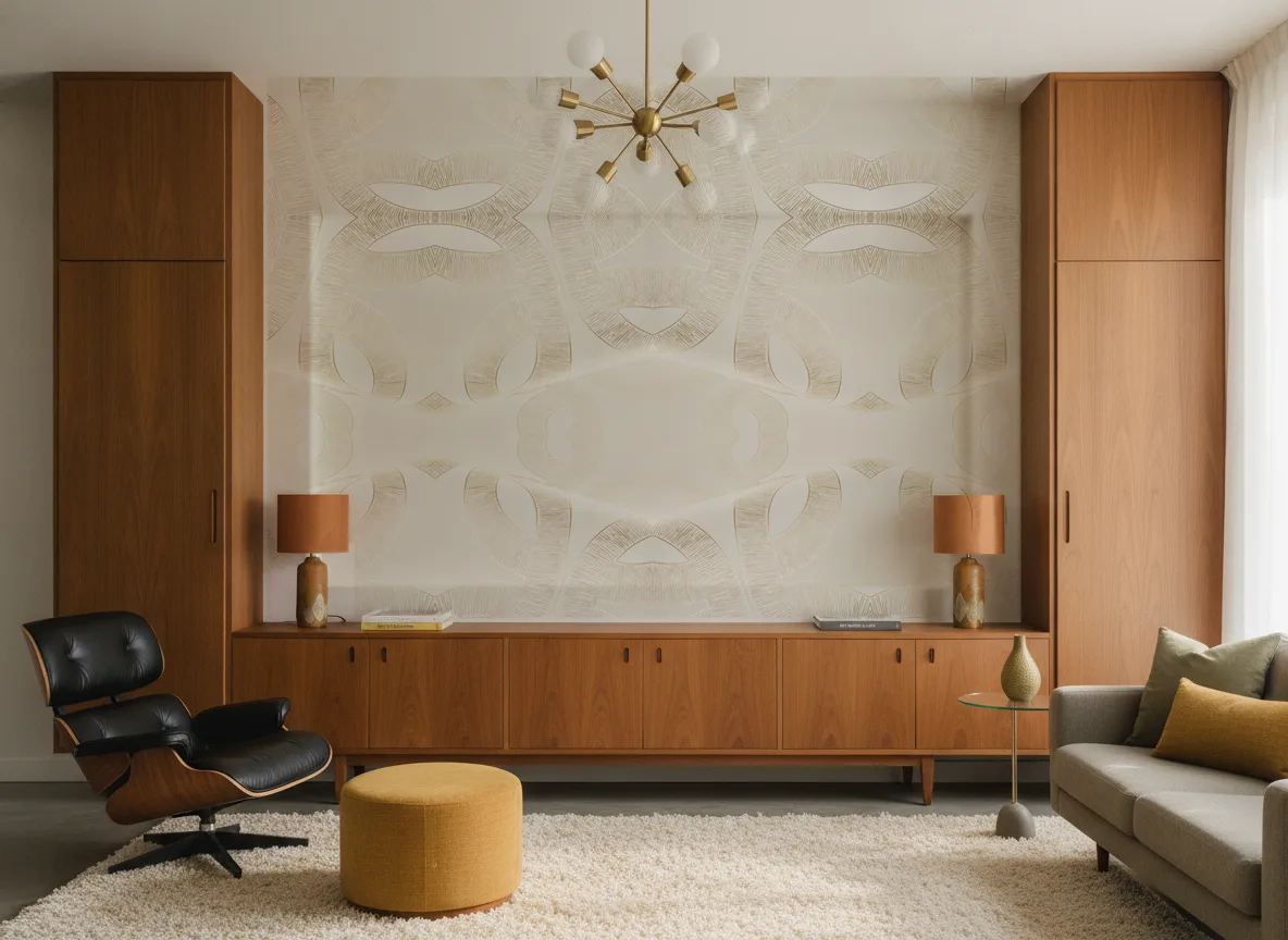 Etienne — Salon mid-century — ściana między tekowymi szafami
