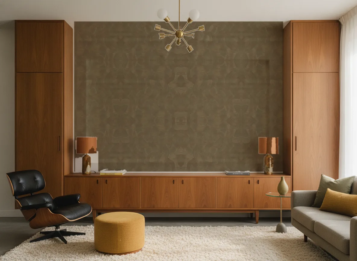 Gemmae — Salon mid-century — ściana między tekowymi szafami