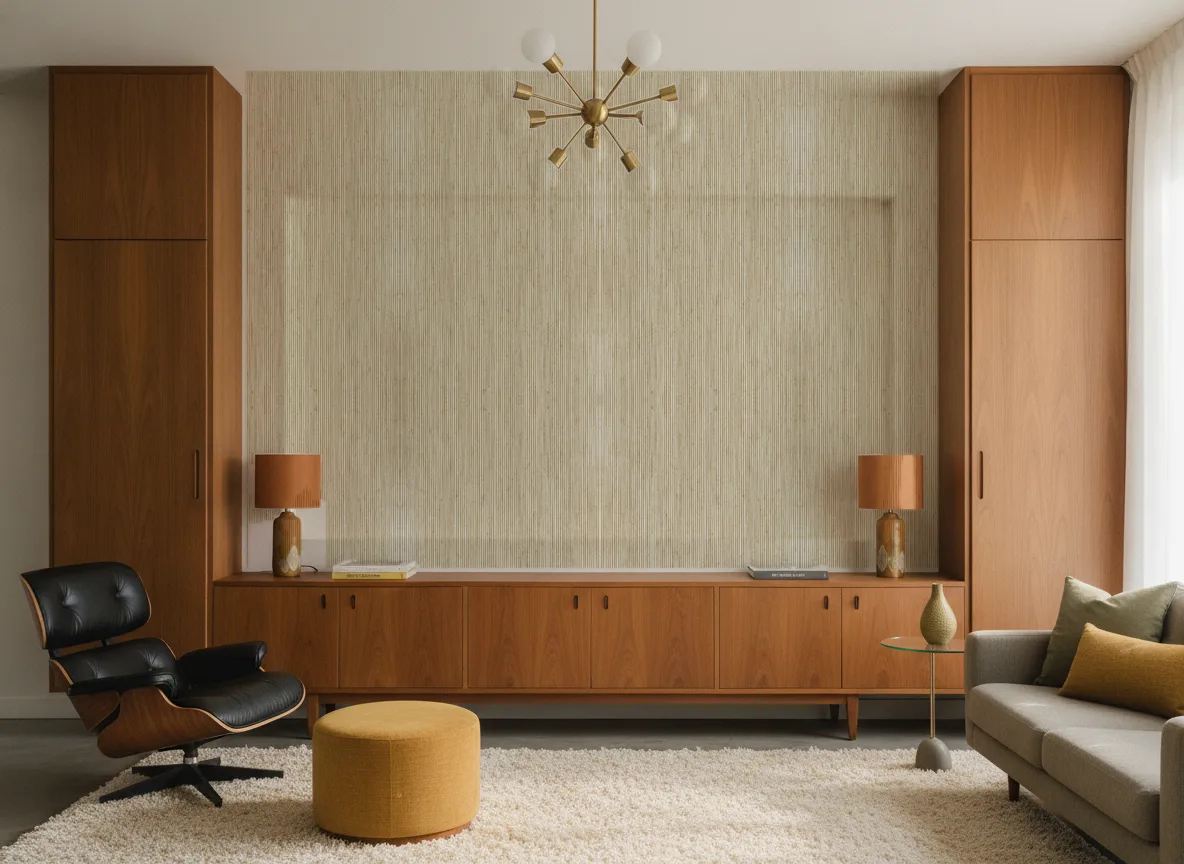 Gili — Salon mid-century — ściana między tekowymi szafami