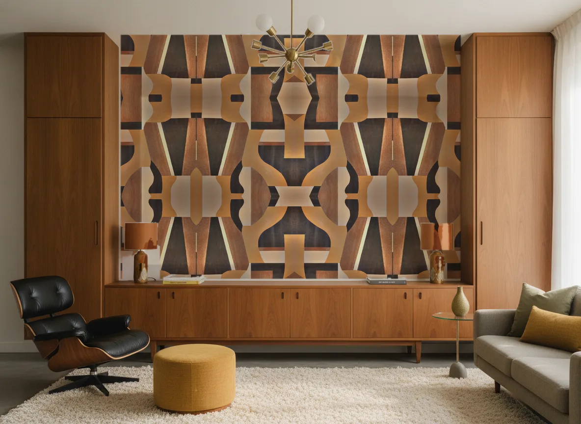 Gino — Salon mid-century — ściana między tekowymi szafami