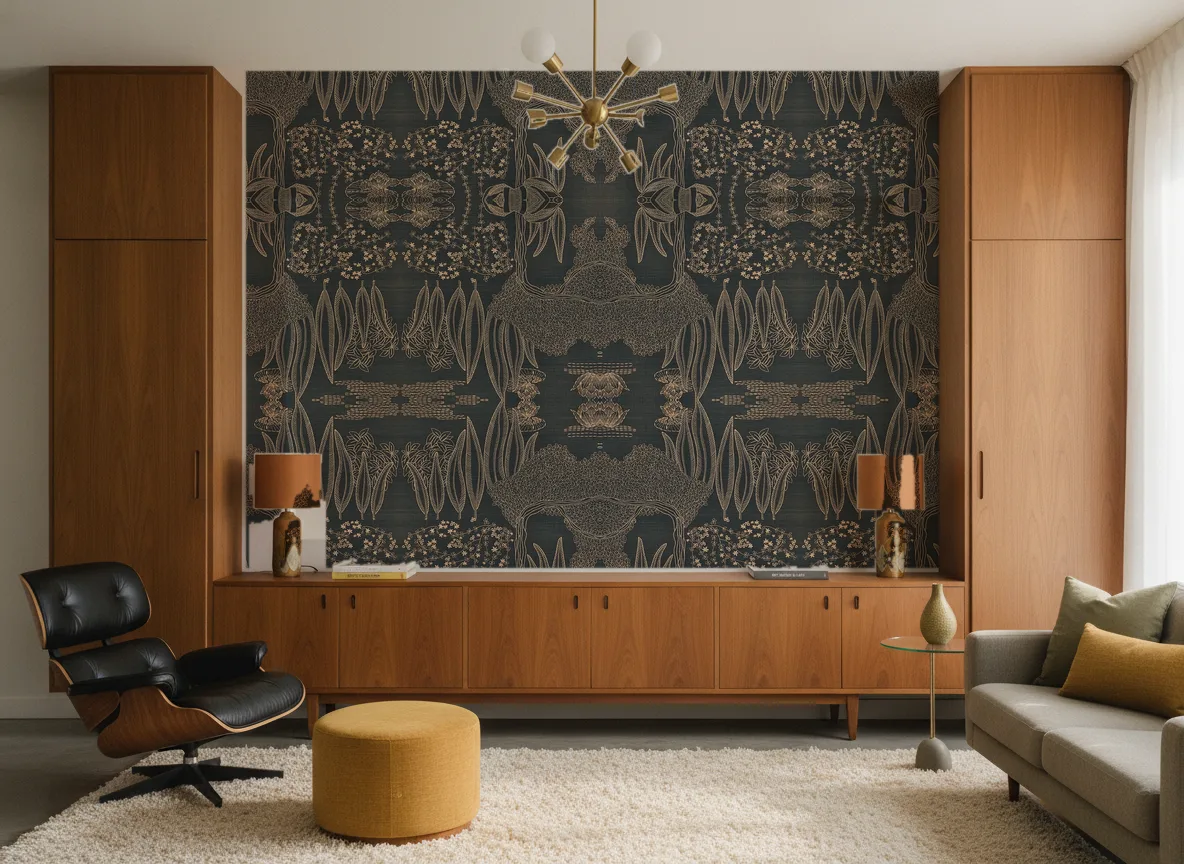 Hasu — Salon mid-century — ściana między tekowymi szafami