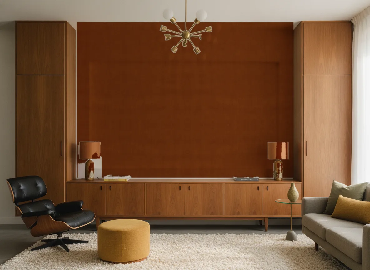 Hestia — Salon mid-century — ściana między tekowymi szafami