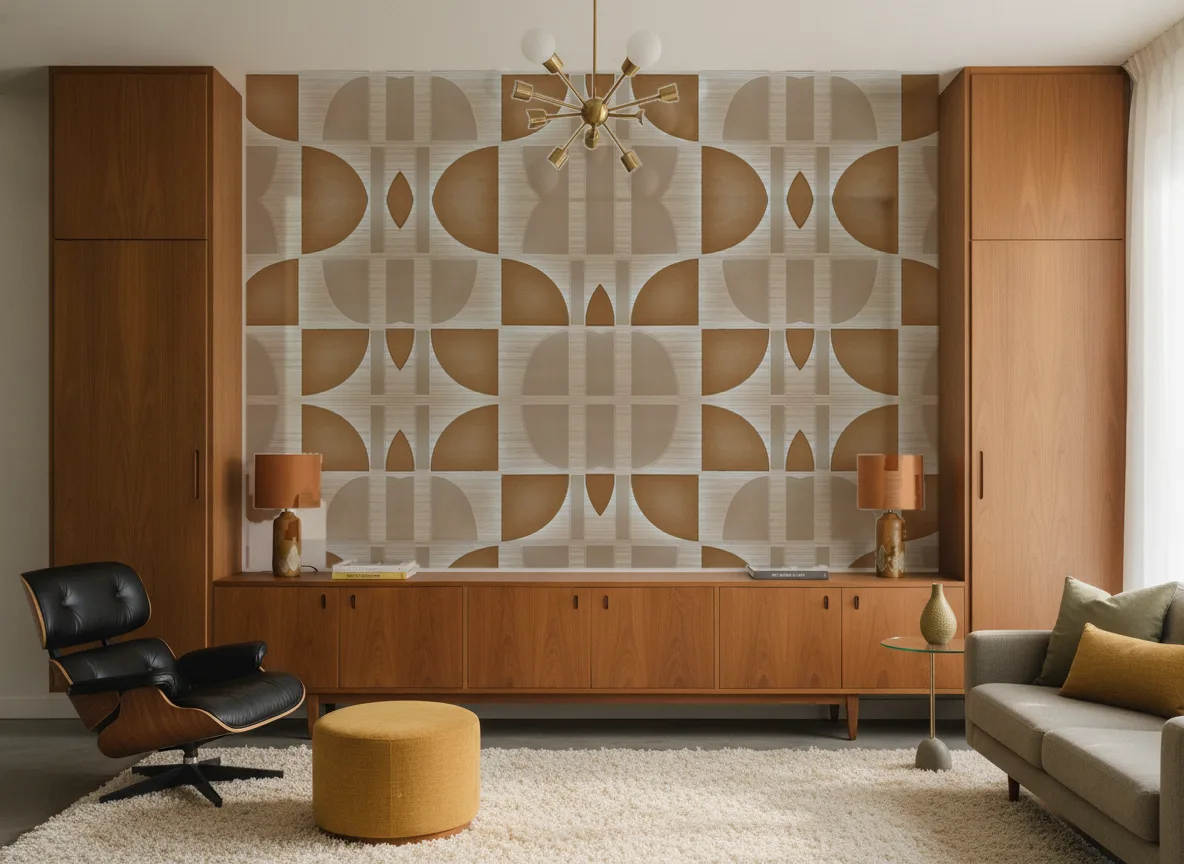 Hikari — Salon mid-century — ściana między tekowymi szafami