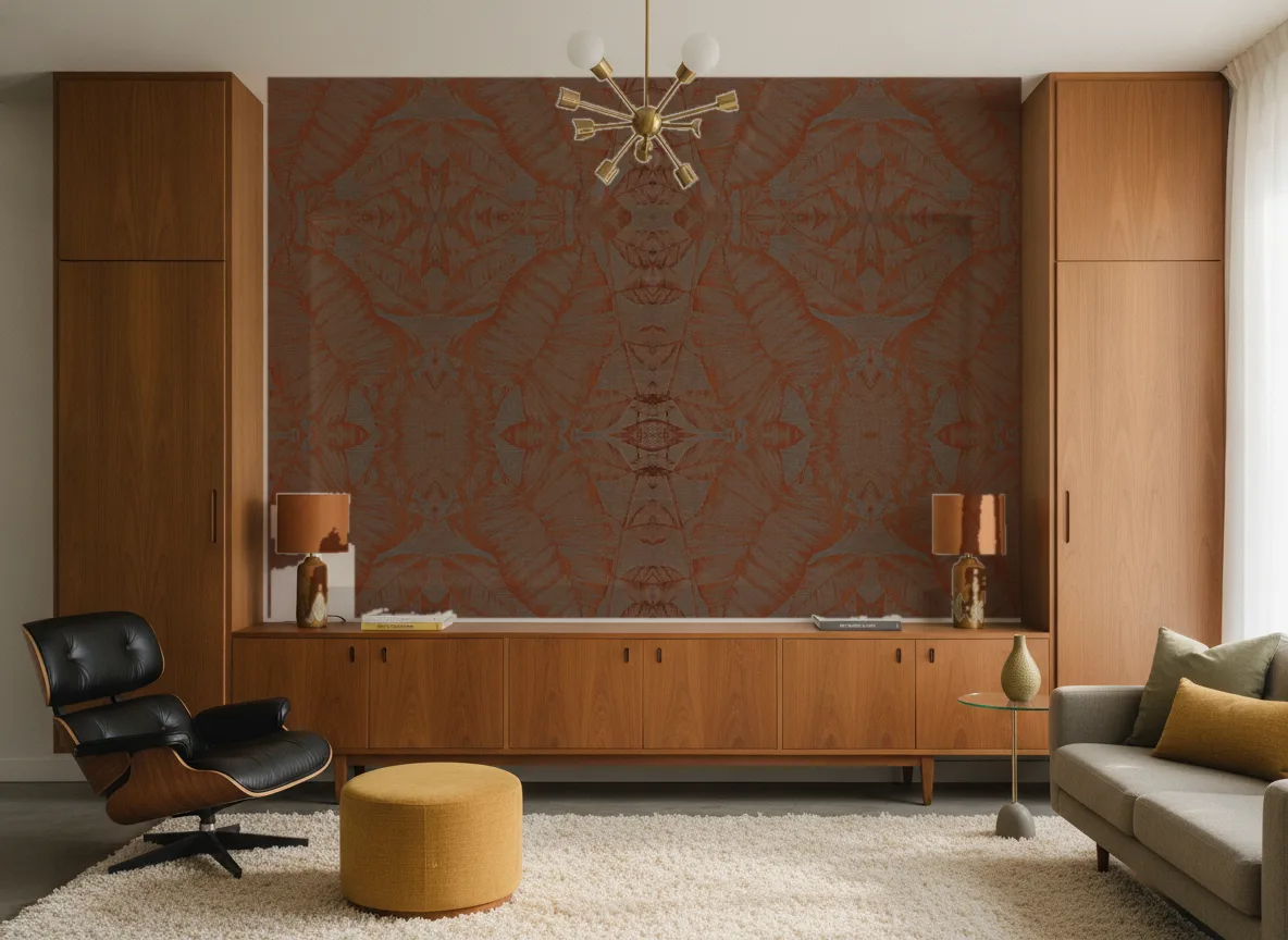 Hoja Escambray — Salon mid-century — ściana między tekowymi szafami