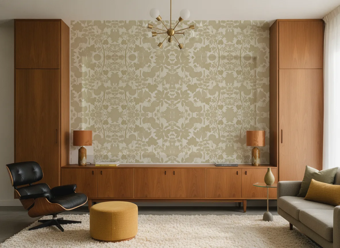 Inara — Salon mid-century — ściana między tekowymi szafami