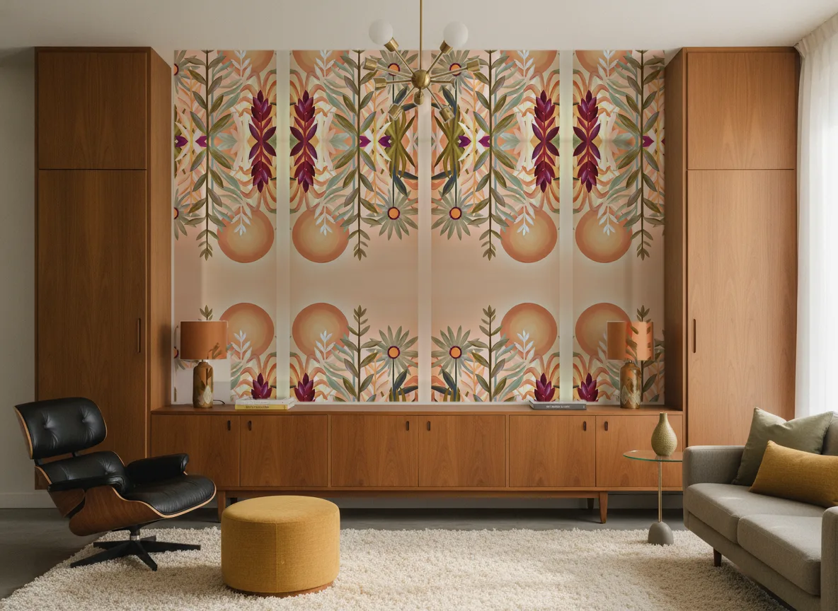 Jardin de cactus — Salon mid-century — ściana między tekowymi szafami