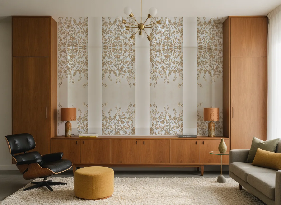 Jardin de Diane — Salon mid-century — ściana między tekowymi szafami