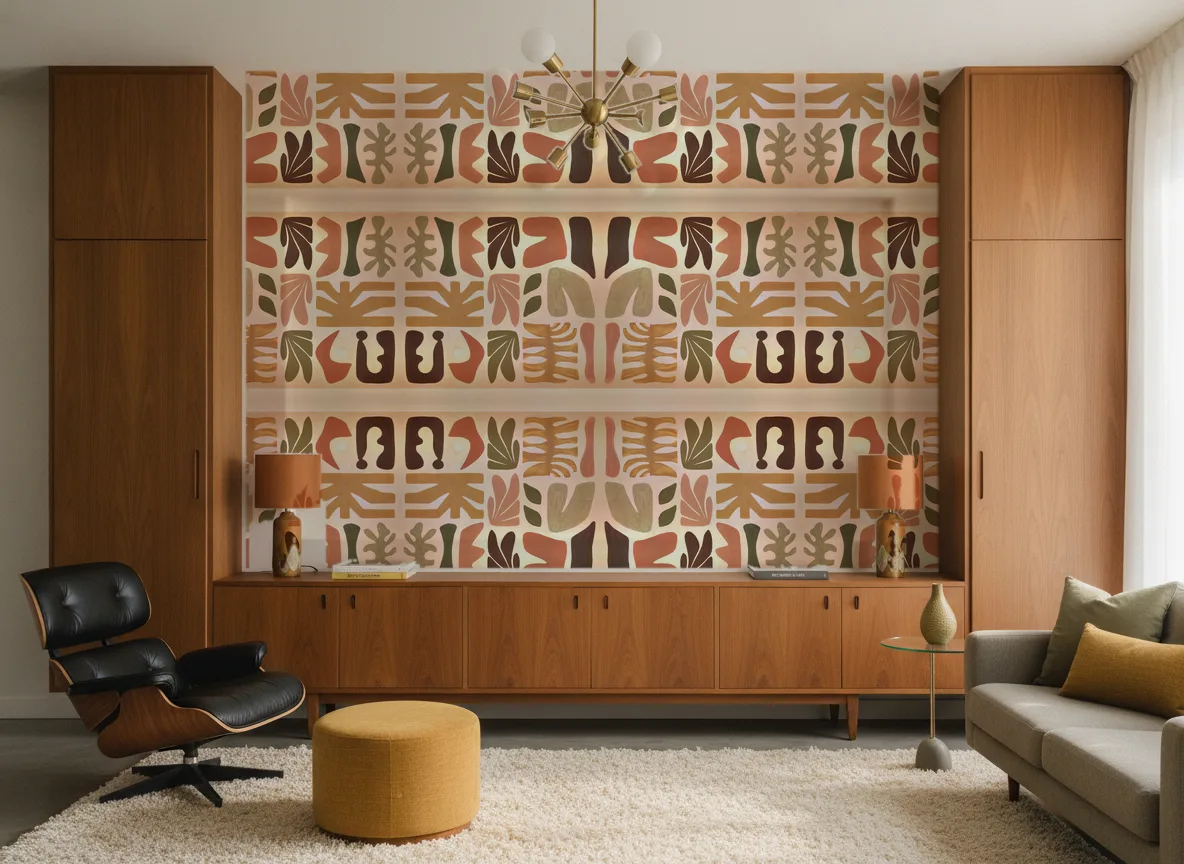 Jorge — Salon mid-century — ściana między tekowymi szafami