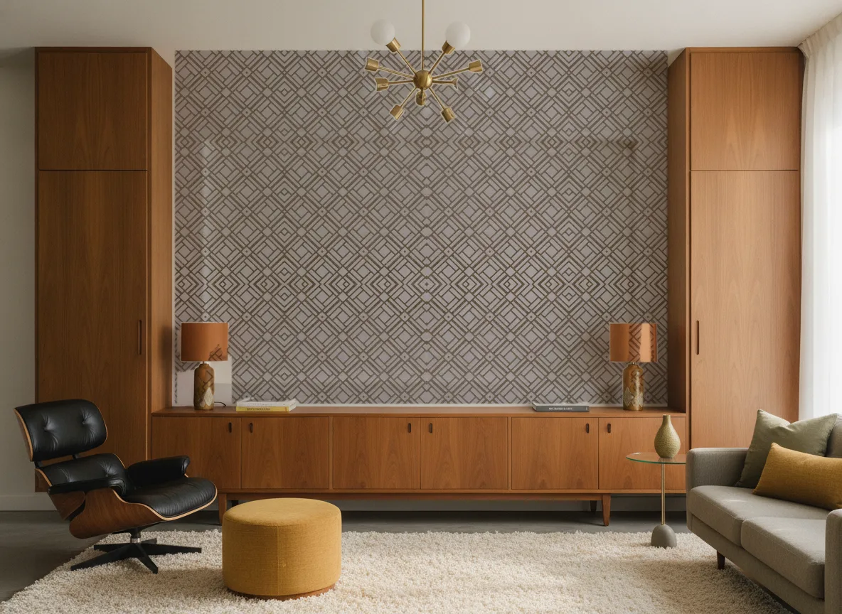 Kheops — Salon mid-century — ściana między tekowymi szafami