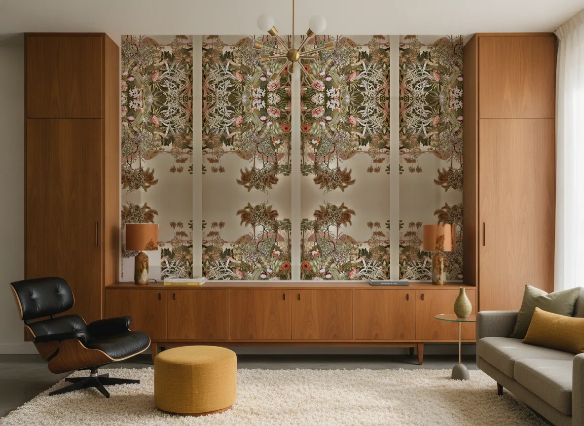 Kisama — Salon mid-century — ściana między tekowymi szafami