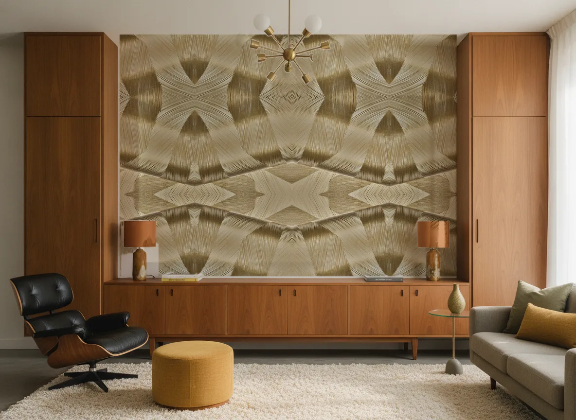 Kohinor — Salon mid-century — ściana między tekowymi szafami