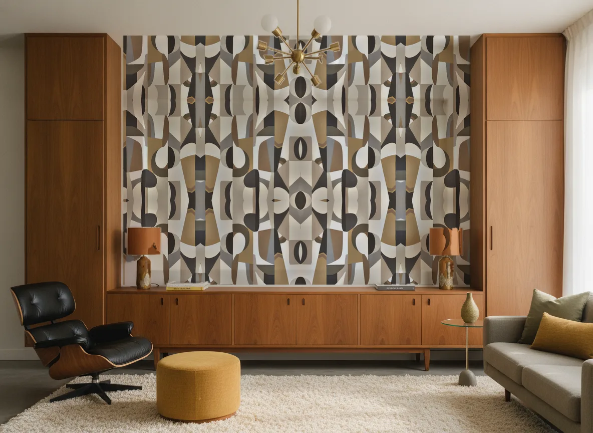 L'Atelier — Salon mid-century — ściana między tekowymi szafami