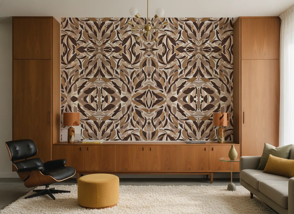 L'Atelier — Salon mid-century — ściana między tekowymi szafami