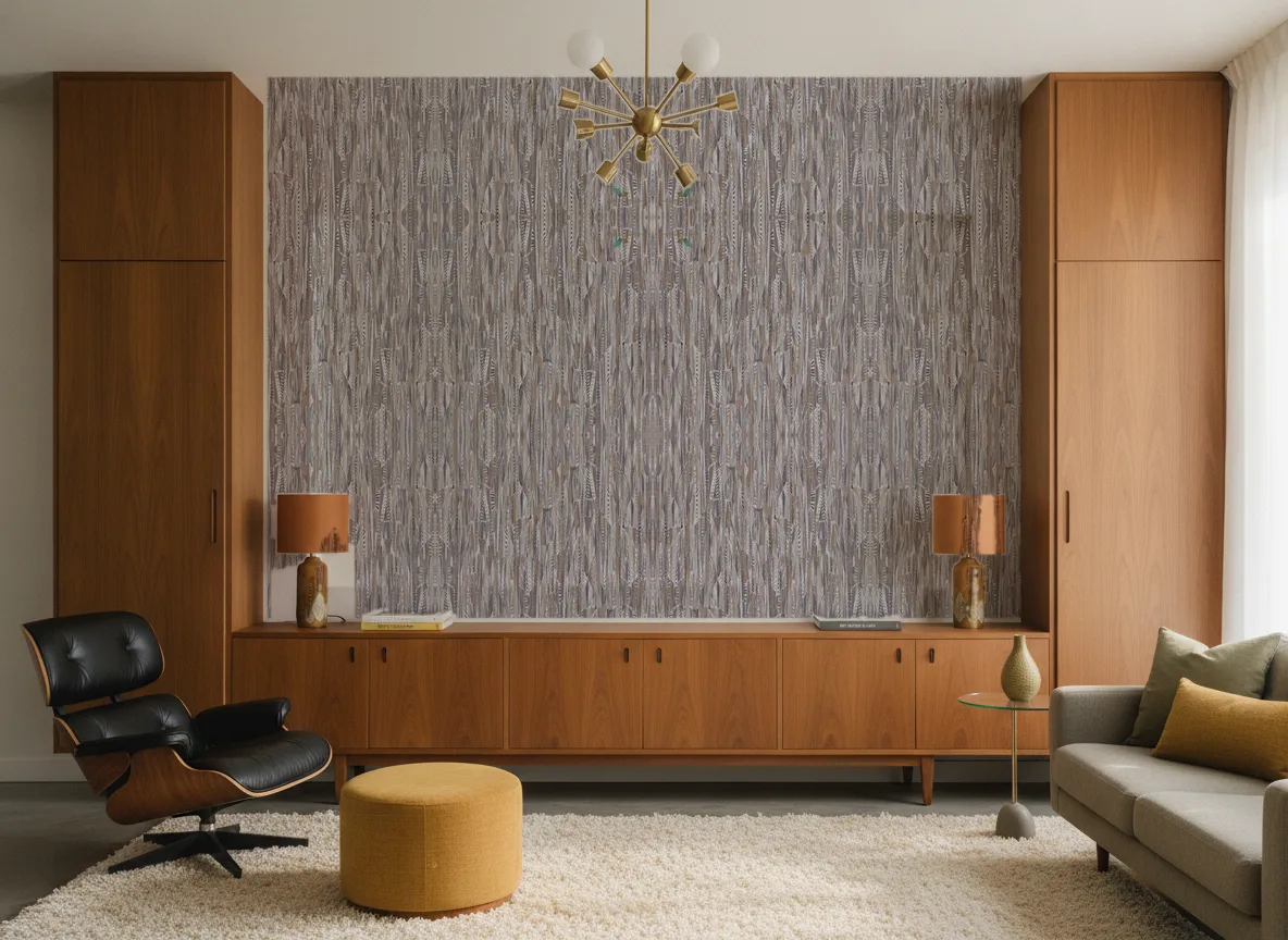 Lahna Le Velours — Salon mid-century — ściana między tekowymi szafami