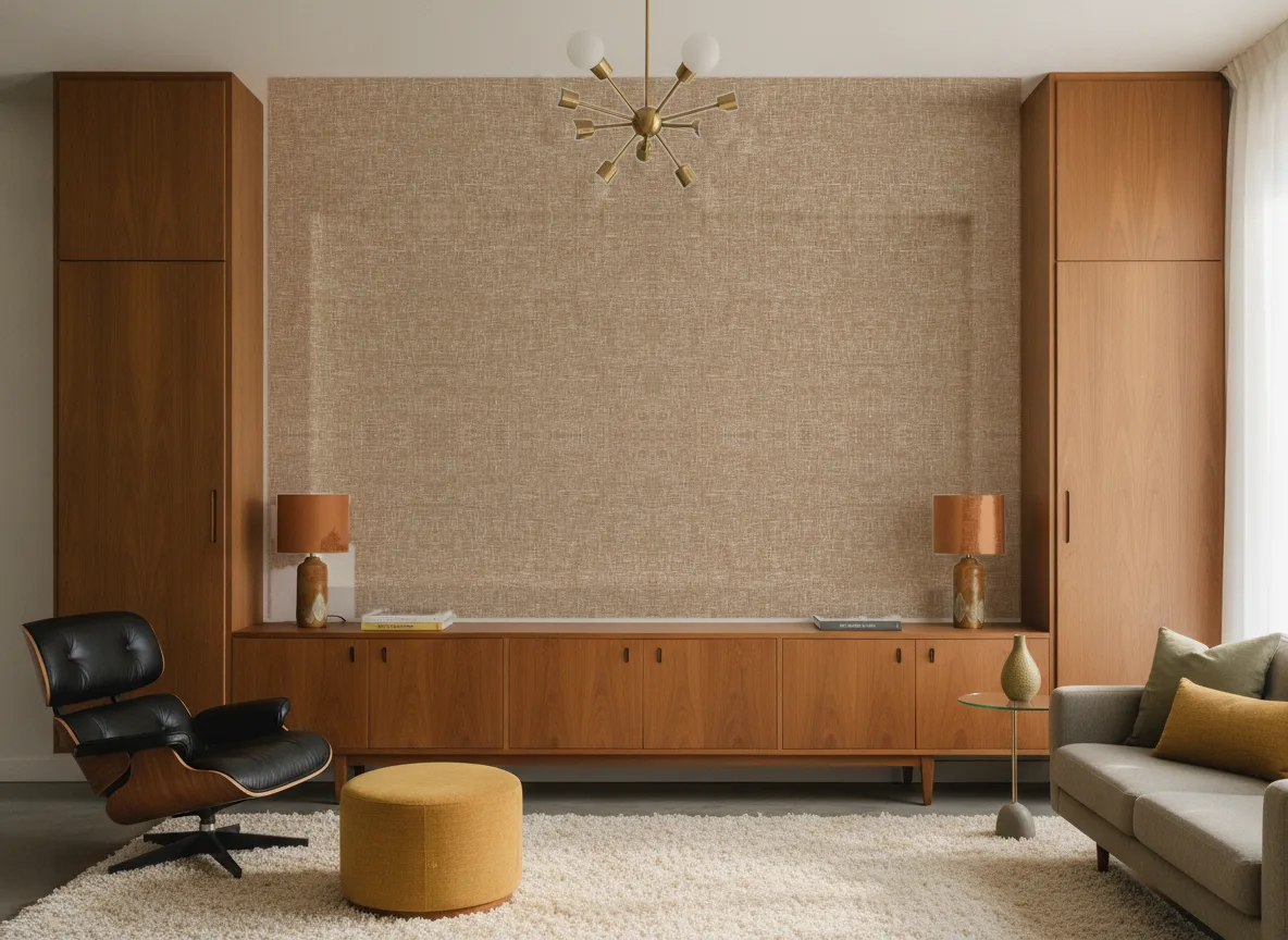 Lincotea — Salon mid-century — ściana między tekowymi szafami