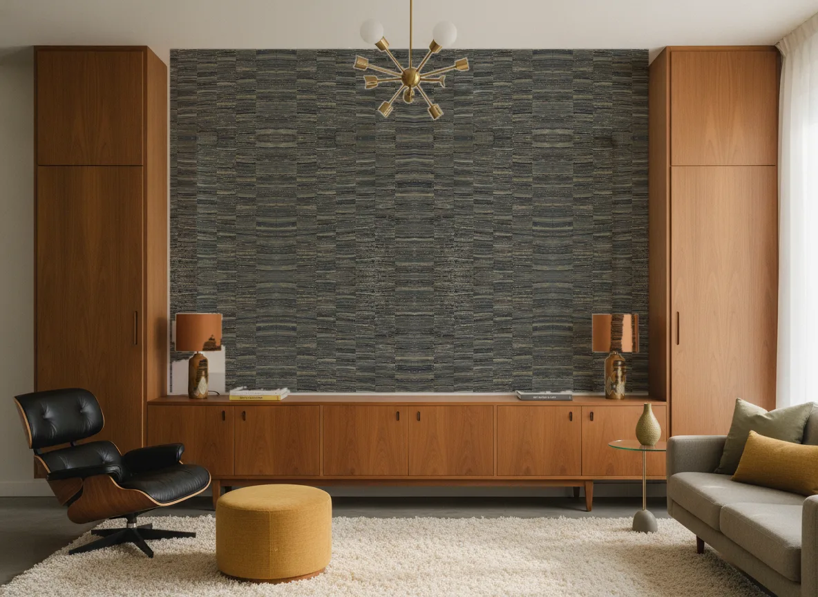 Lirio Nature Precieuse – Textures — Salon mid-century — ściana między tekowymi szafami