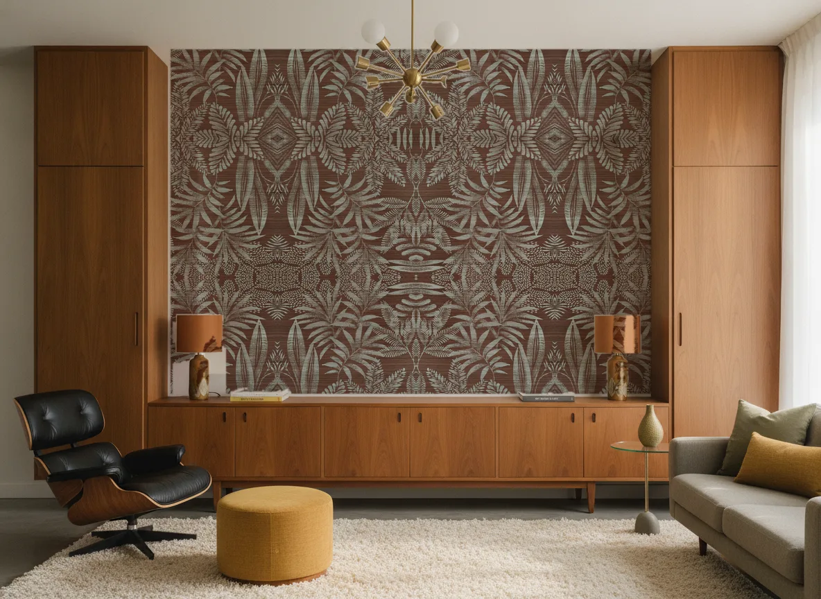 Mandrare — Salon mid-century — ściana między tekowymi szafami