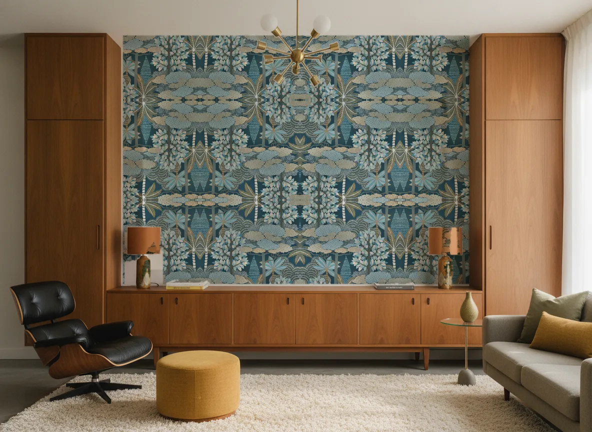 Marakanda — Salon mid-century — ściana między tekowymi szafami