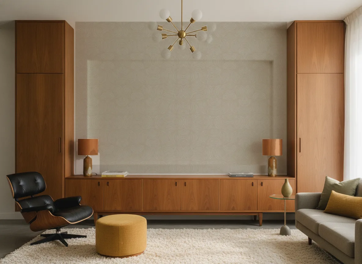 Meteore Magnitude – Textures — Salon mid-century — ściana między tekowymi szafami