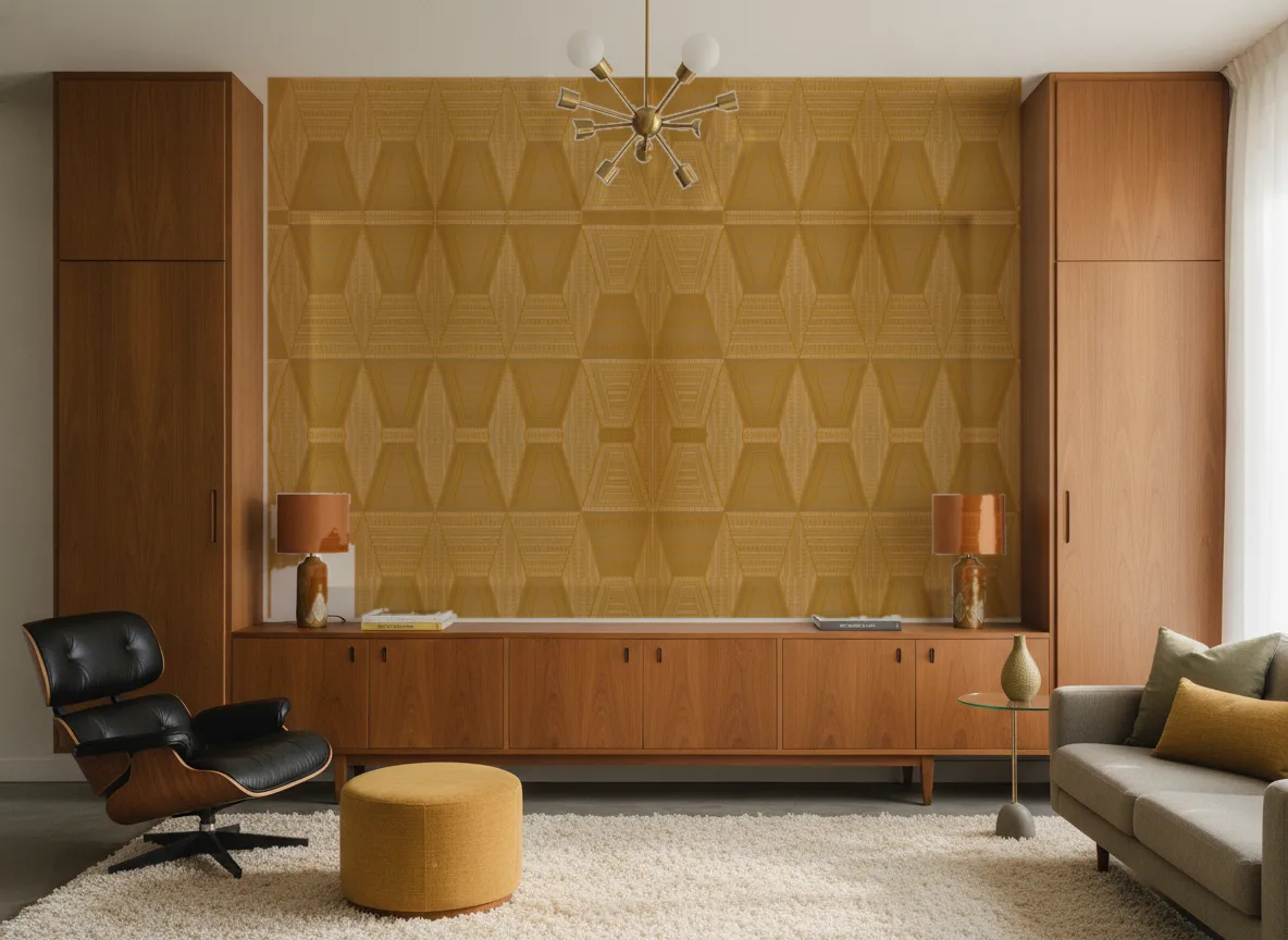 Mirage — Salon mid-century — ściana między tekowymi szafami