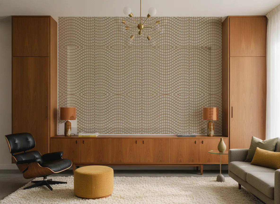 Onsen — Salon mid-century — ściana między tekowymi szafami