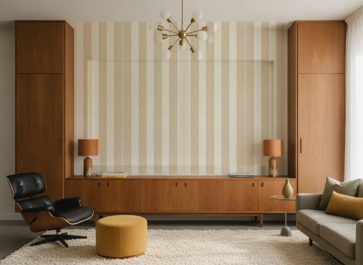 Opio — Salon mid-century — ściana między tekowymi szafami