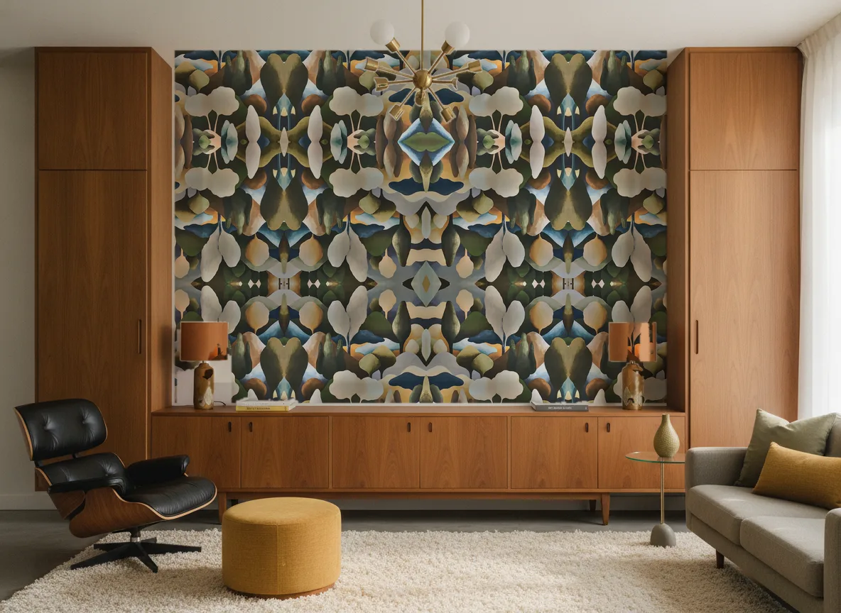 Orée — Salon mid-century — ściana między tekowymi szafami