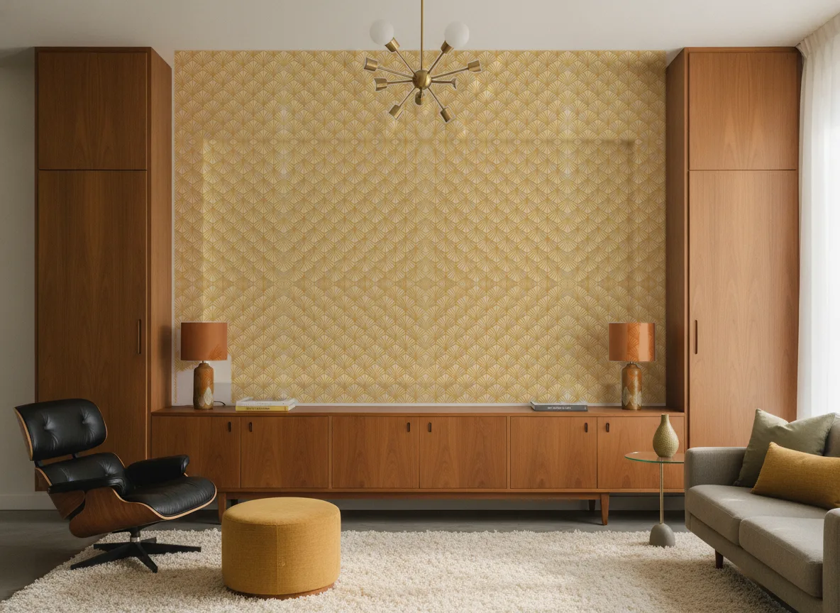 Orion Magnitude – Textures — Salon mid-century — ściana między tekowymi szafami