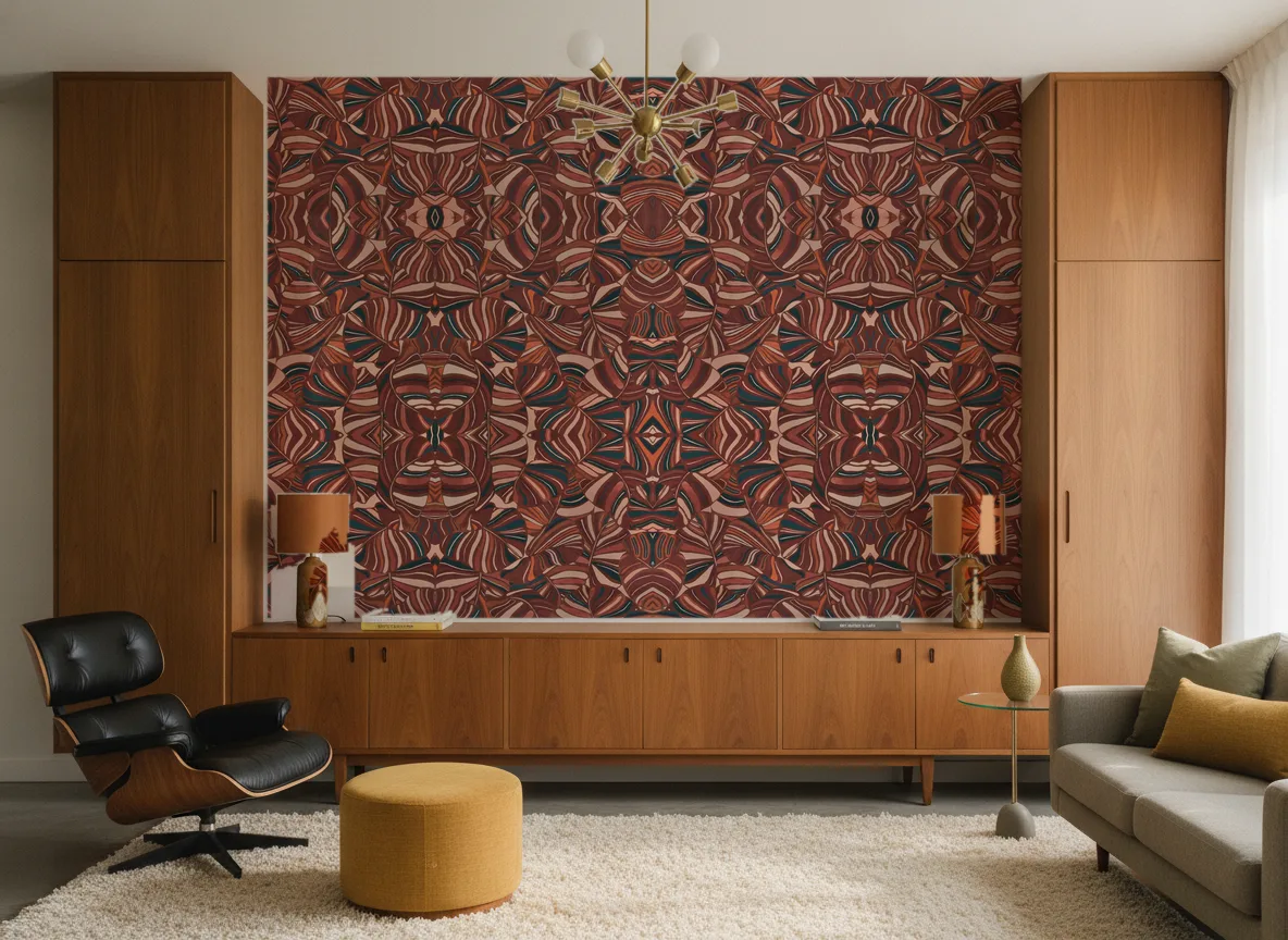 Pachira — Salon mid-century — ściana między tekowymi szafami