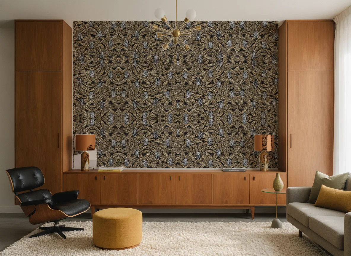 Palmeta — Salon mid-century — ściana między tekowymi szafami