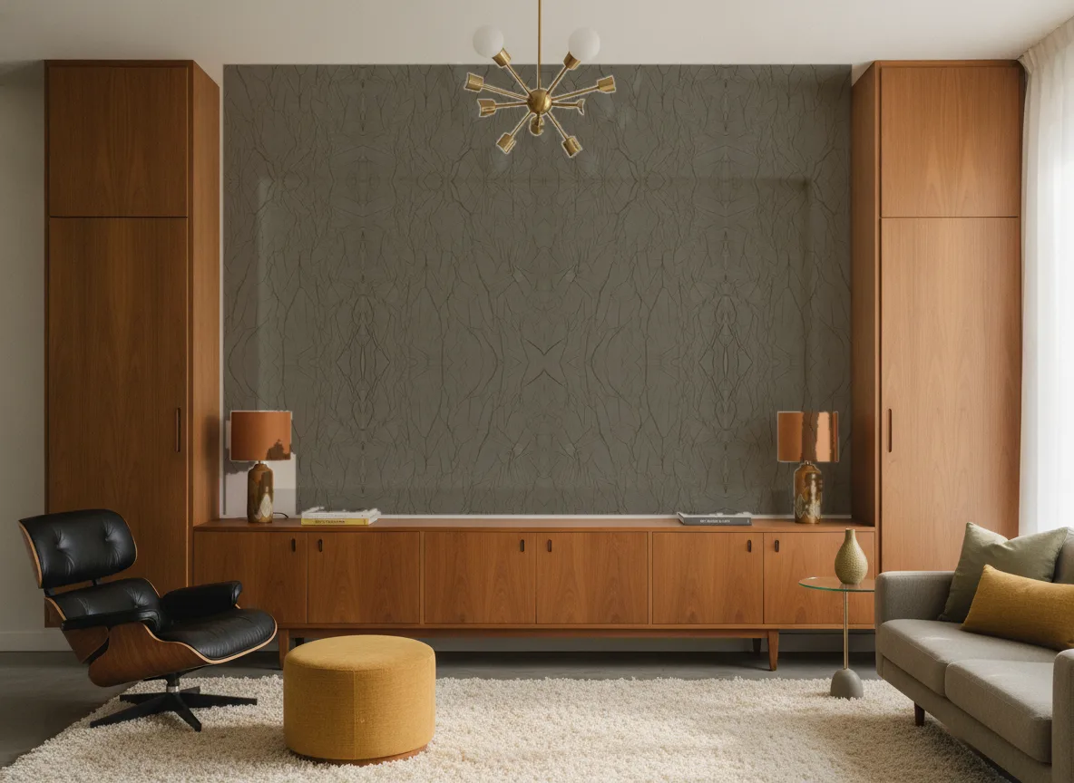 Passiflore Escambray — Salon mid-century — ściana między tekowymi szafami