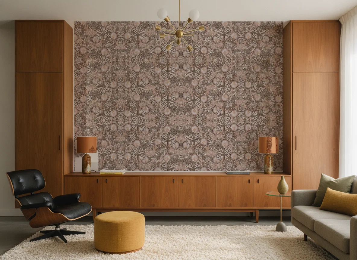 Persee — Salon mid-century — ściana między tekowymi szafami