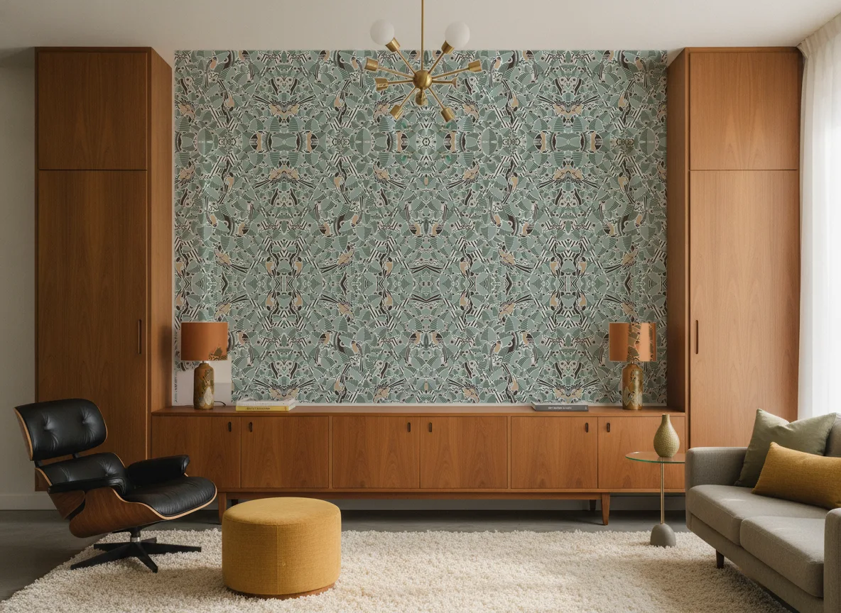 Printemps Viennois — Salon mid-century — ściana między tekowymi szafami