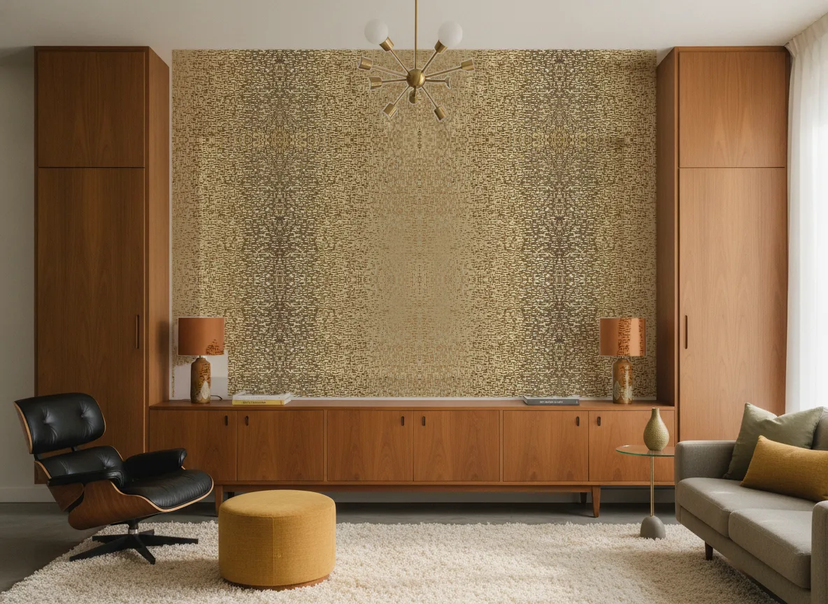 Pyrite Textures Metalliques — Salon mid-century — ściana między tekowymi szafami