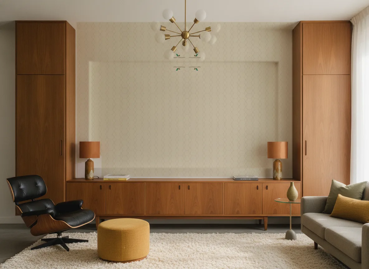 Pytheas Delta — Salon mid-century — ściana między tekowymi szafami