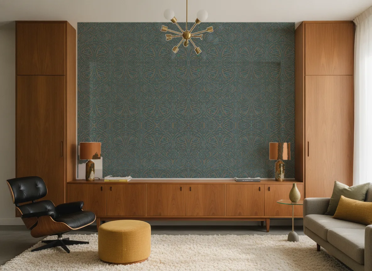 Rabat Mansour — Salon mid-century — ściana między tekowymi szafami