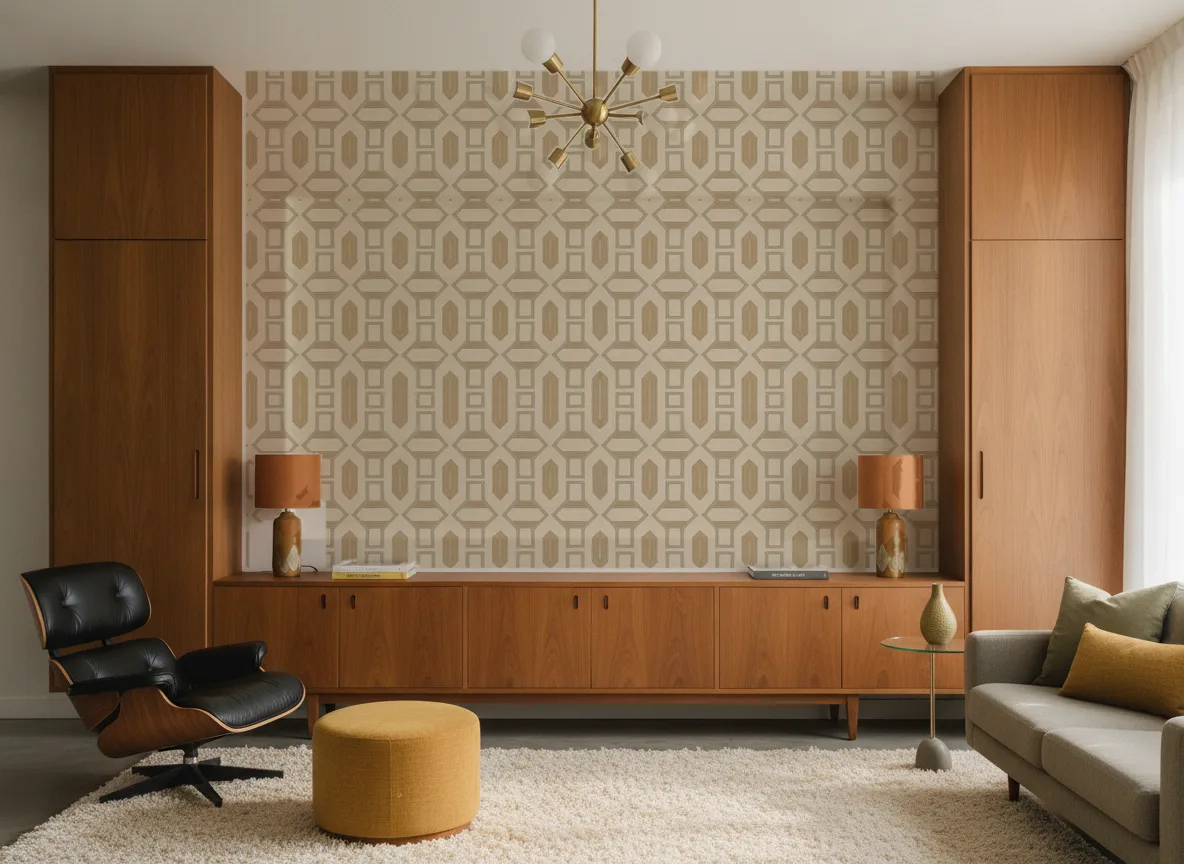 Racines — Salon mid-century — ściana między tekowymi szafami