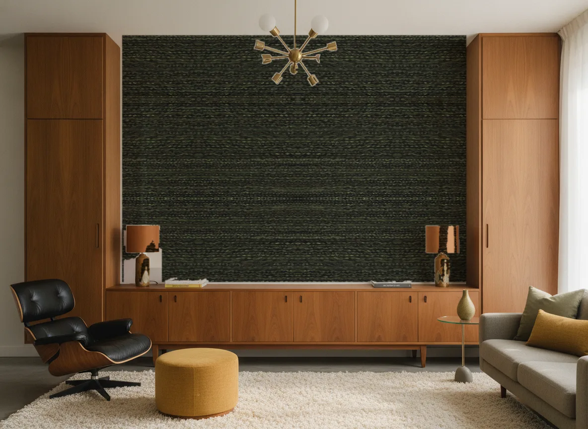Saba Escambray — Salon mid-century — ściana między tekowymi szafami