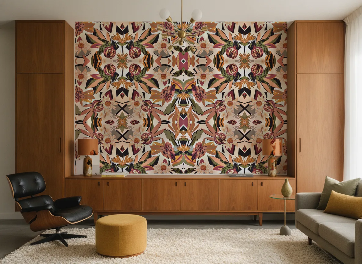 Salvador — Salon mid-century — ściana między tekowymi szafami