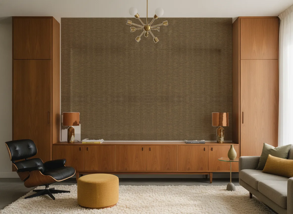 Scandium — Salon mid-century — ściana między tekowymi szafami