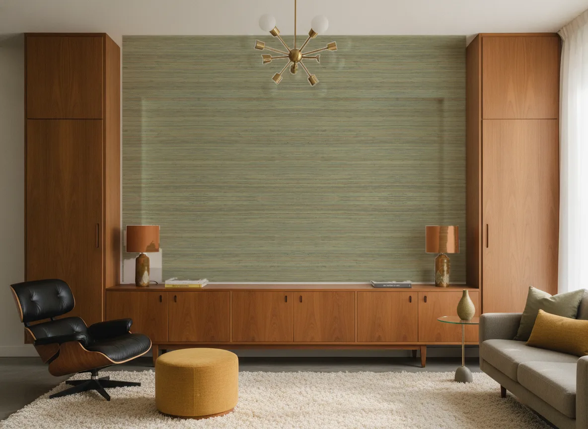 Seagrass — Salon mid-century — ściana między tekowymi szafami