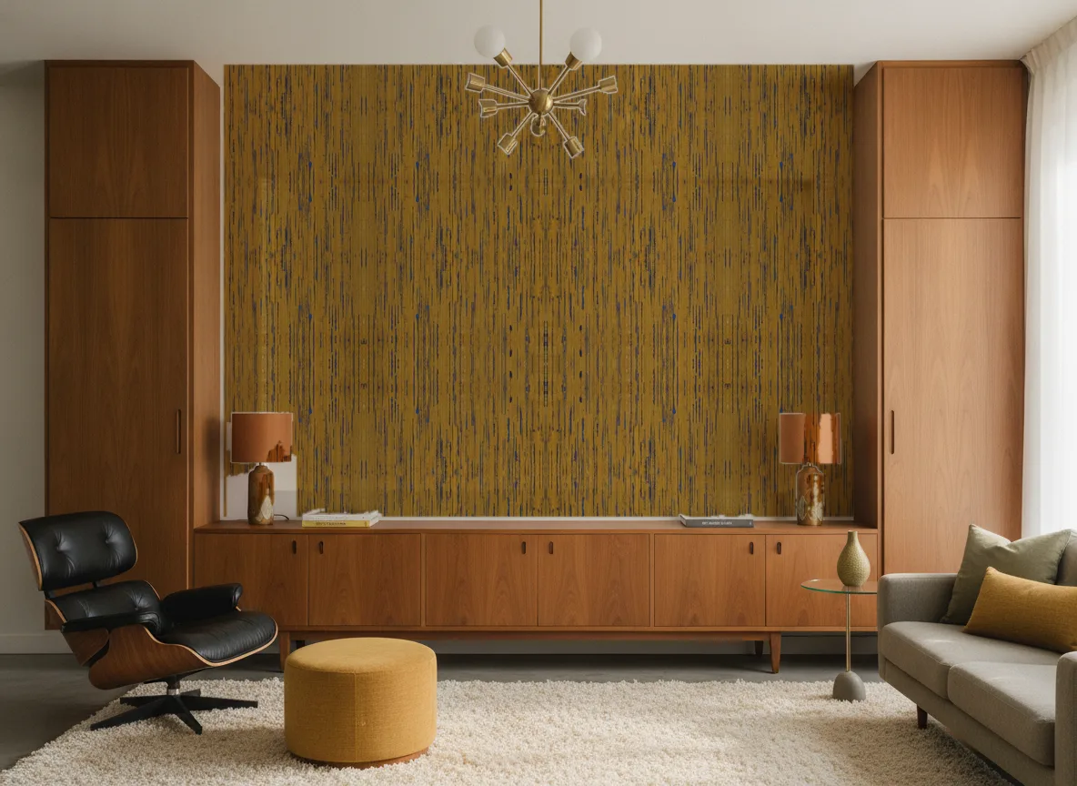 Sequoia Escambray — Salon mid-century — ściana między tekowymi szafami