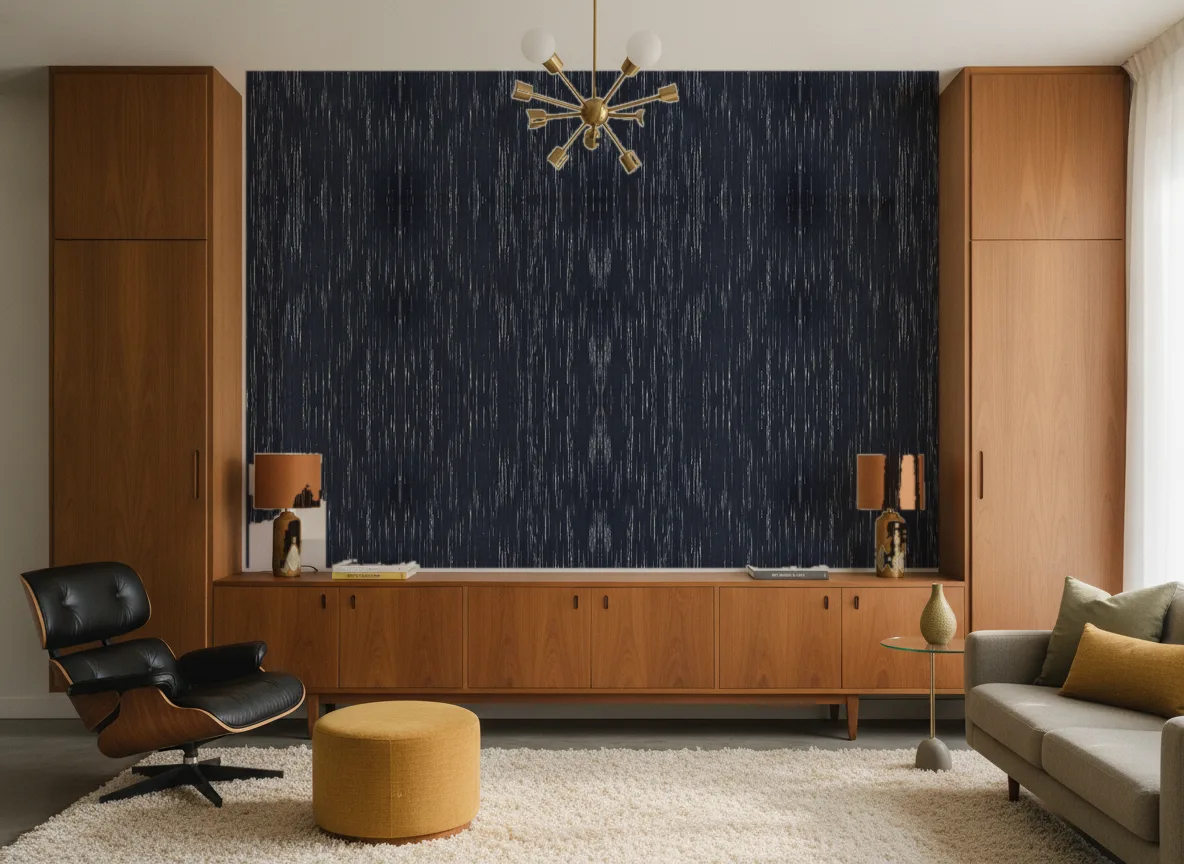 Sequoia Escambray — Salon mid-century — ściana między tekowymi szafami